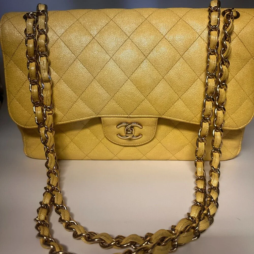 Chanel Yellow Iridescent Quilted Caviar Double Flap Bag - Picture 2 of 15